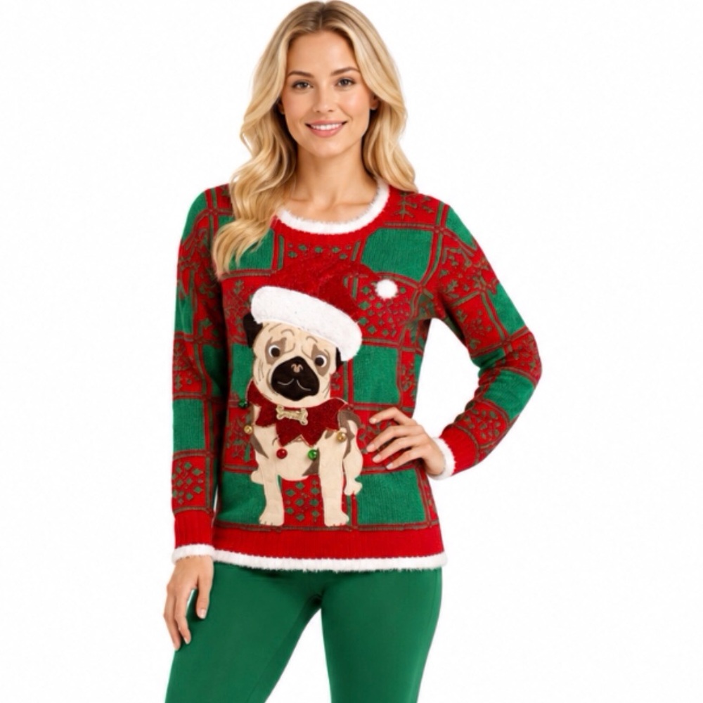 33 Degrees Santa Pug Dog Ugly Checked Christmas Holiday Sweater Size XS